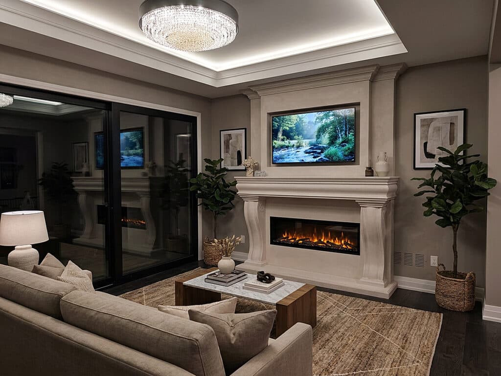Dimplex Ignite XL 50 linear electric fireplace with Omega Mantels 1106.11 shelf, 577 legs, and classic overmantel in an elegant living room