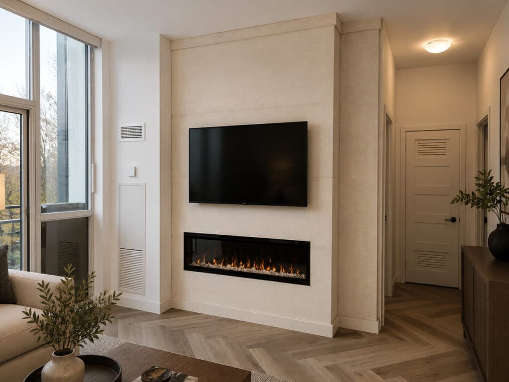 Dimplex Ignite XL 50 linear electric fireplace installed with Omega Mantels stacked stone cast stone panels and TV above
