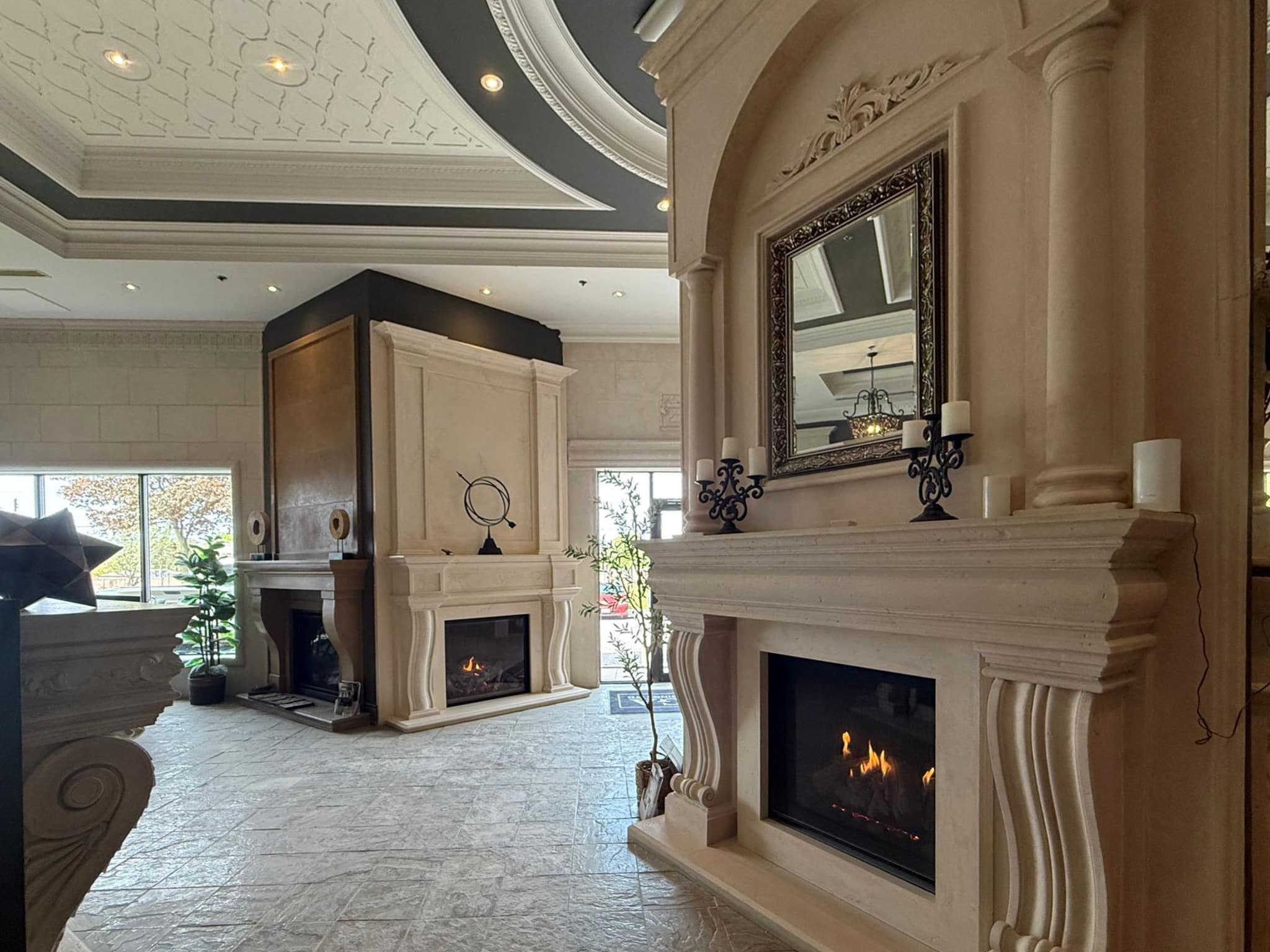 Linear gas fireplace installation at Omega Flames Woodbridge showroom
